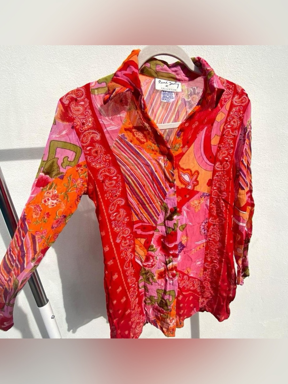 Y2K René Derhy Red & Pink Multicolor Paisley Stripe Patchwork Sequin Blouse S
